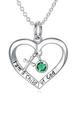 teensy silver cross baby May birthstone necklace